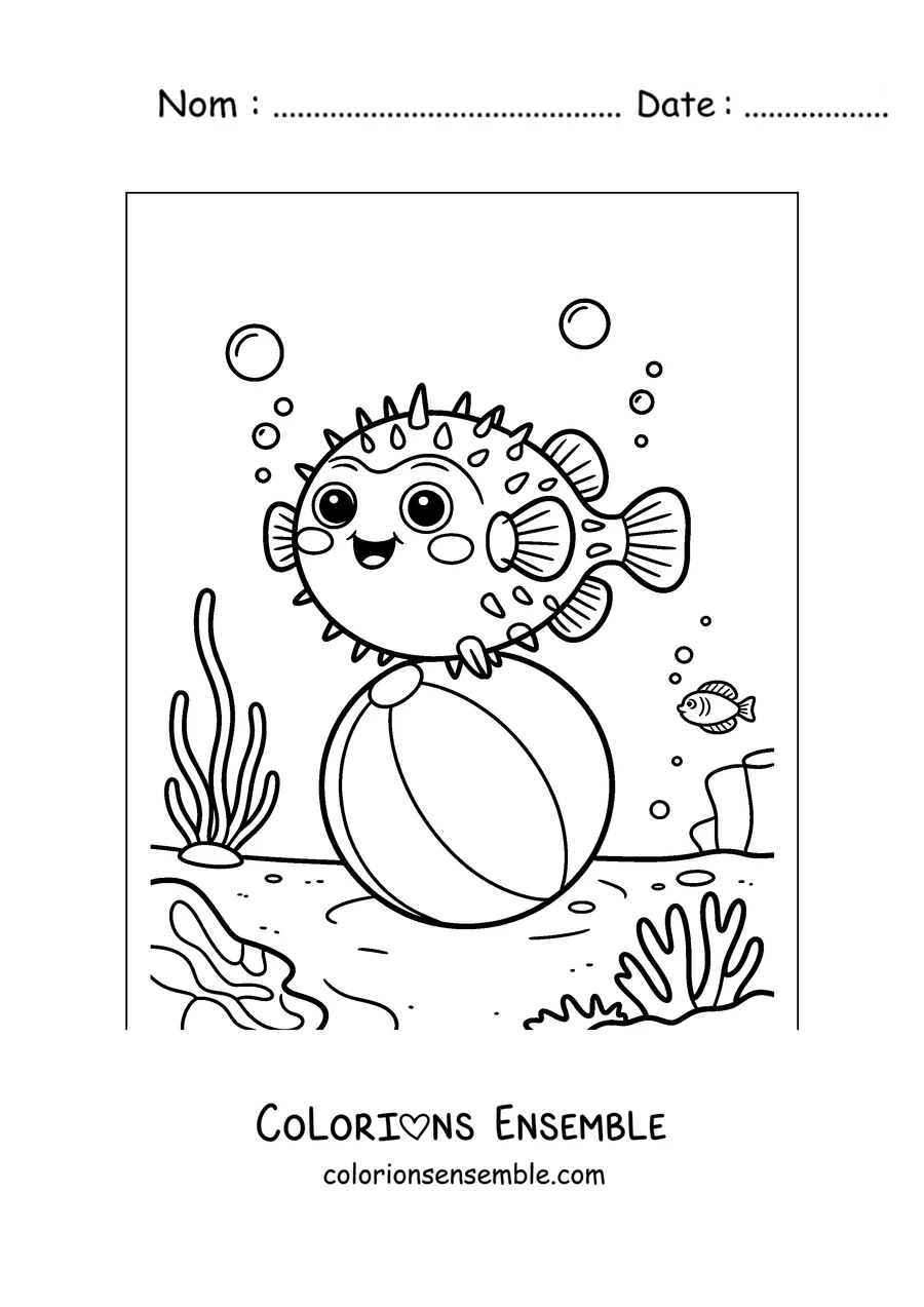 Coloriage d'un poisson-globe qui joue avec un ballon de plage