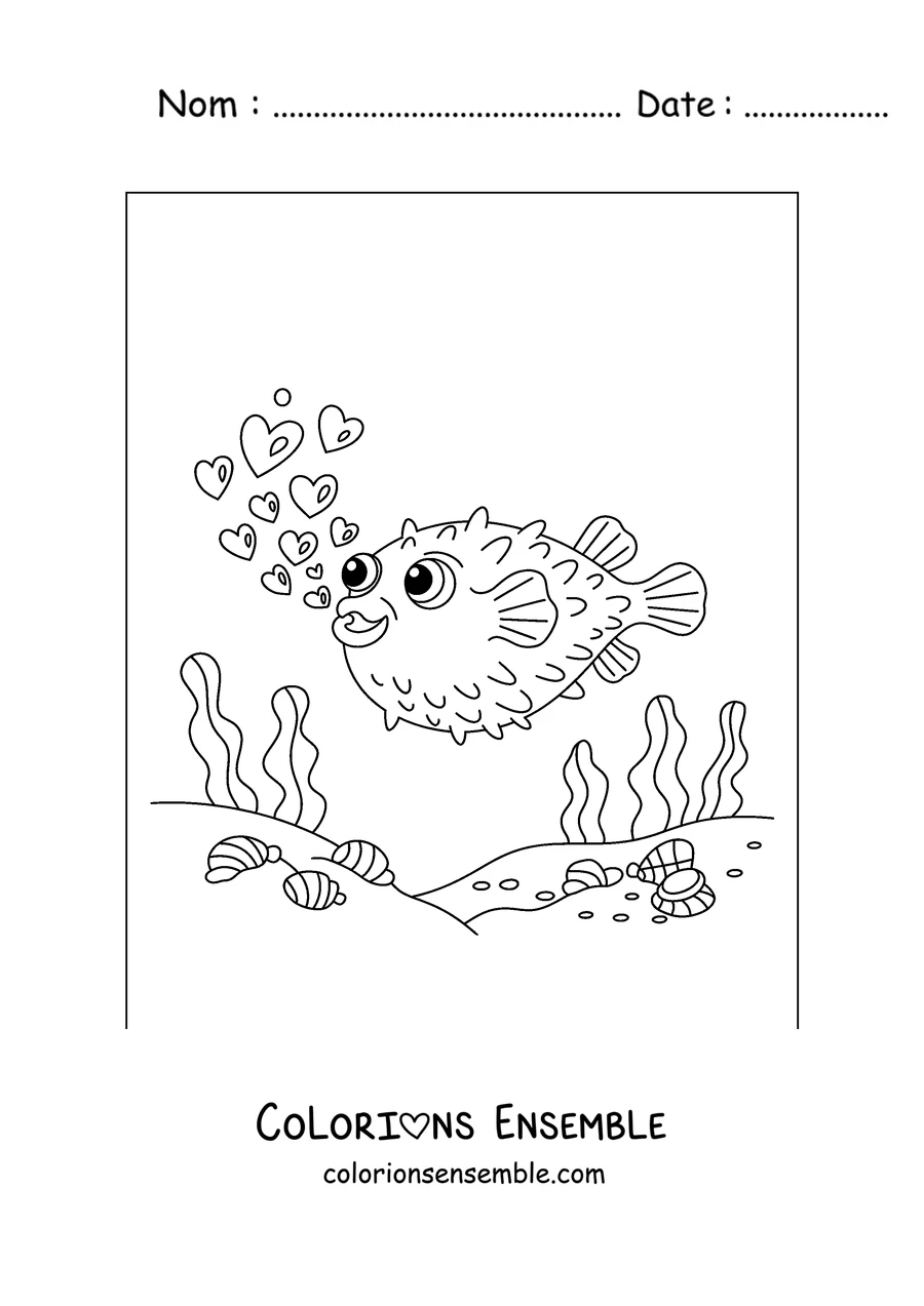 Coloriage d'un poisson-globe qui souffle des cœurs