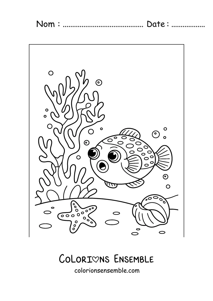 Coloriage d'un poisson-globe parmi les coraux