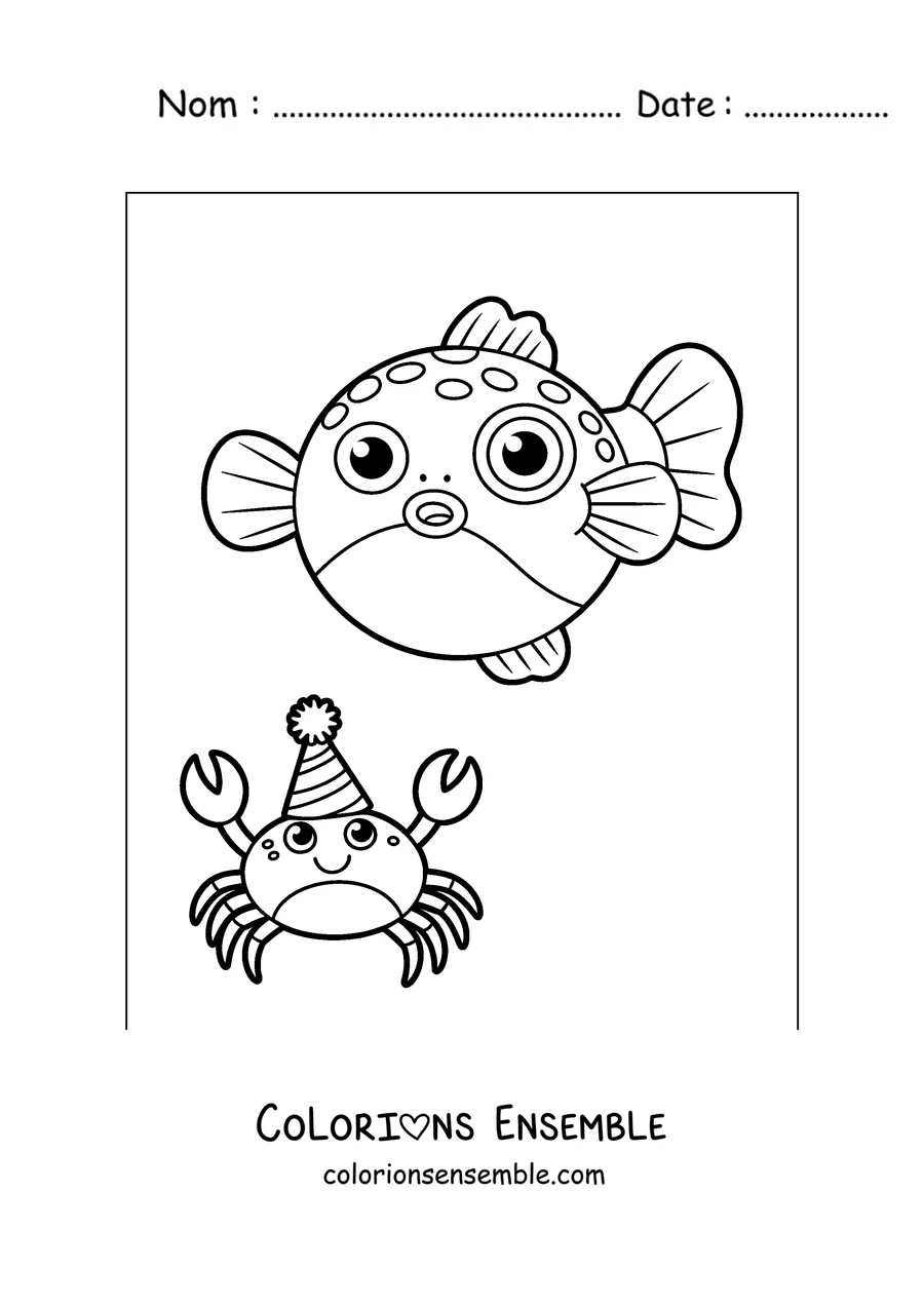 Coloriage d'un poisson-globe avec un crabe