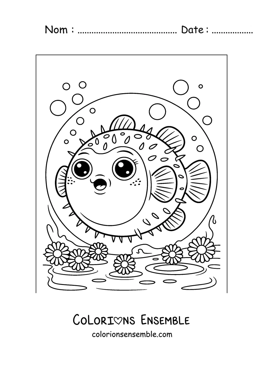 Coloriage d'un poisson-globe parmi des fleurs marines