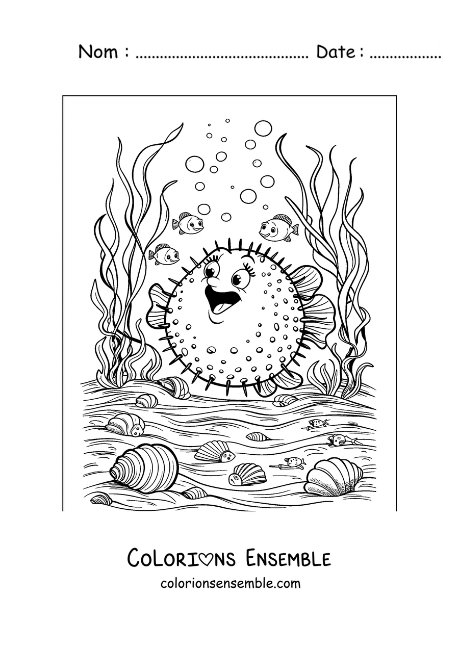 Coloriage d'un poisson-globe au fond de la mer