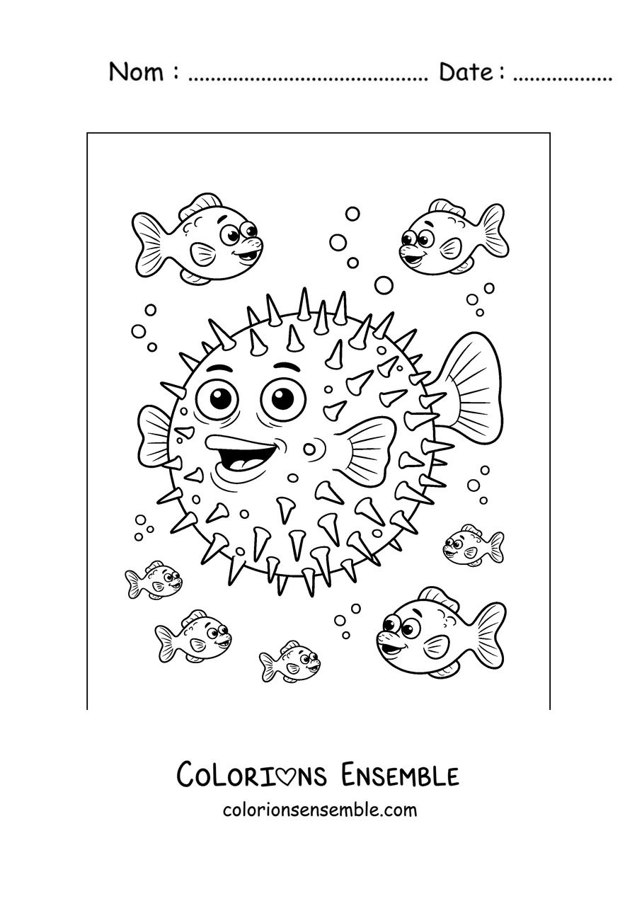 Coloriage d'un poisson-globe qui nage avec des petits poissons