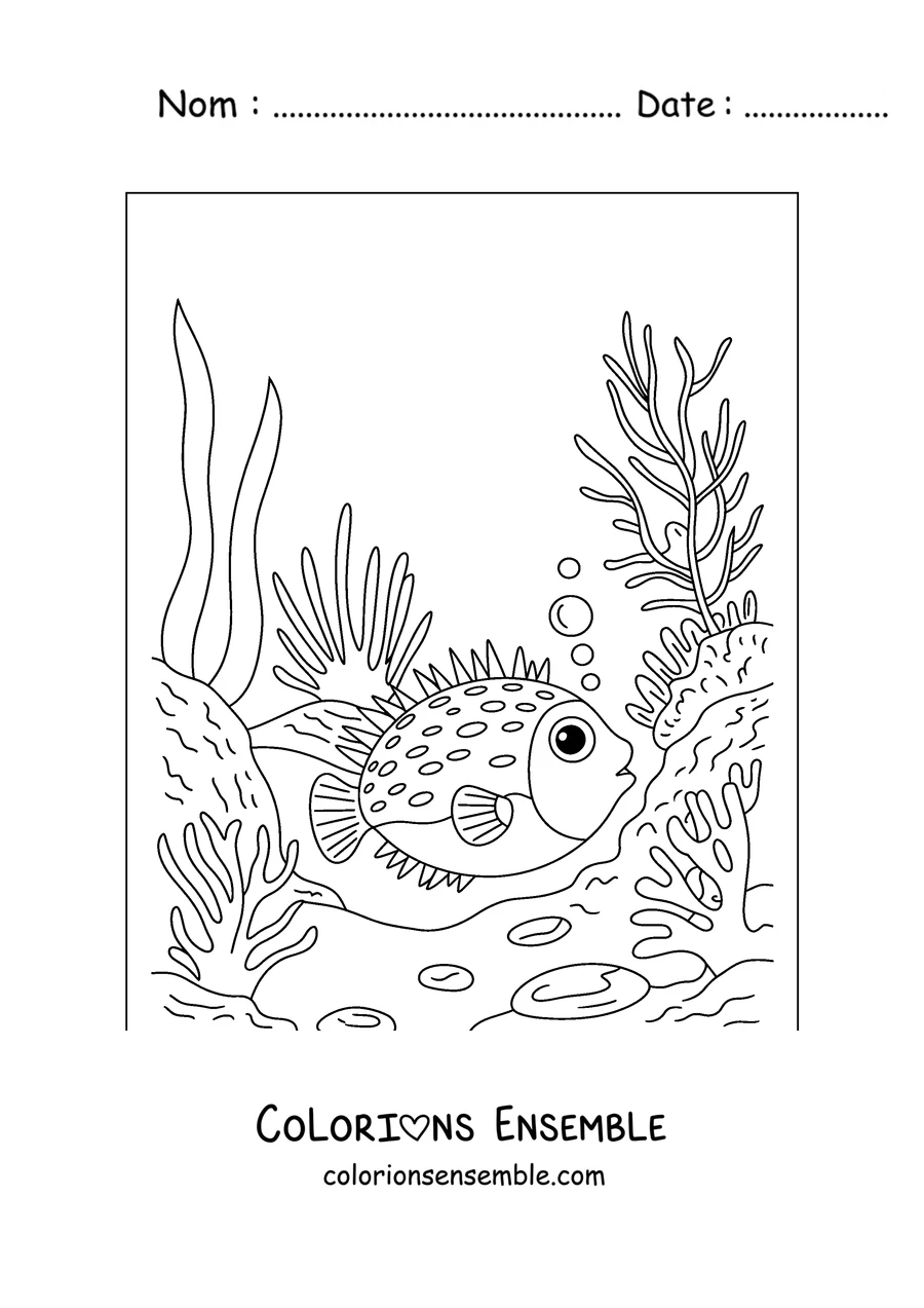 Coloriage d'un poisson-globe dans le récif de corail