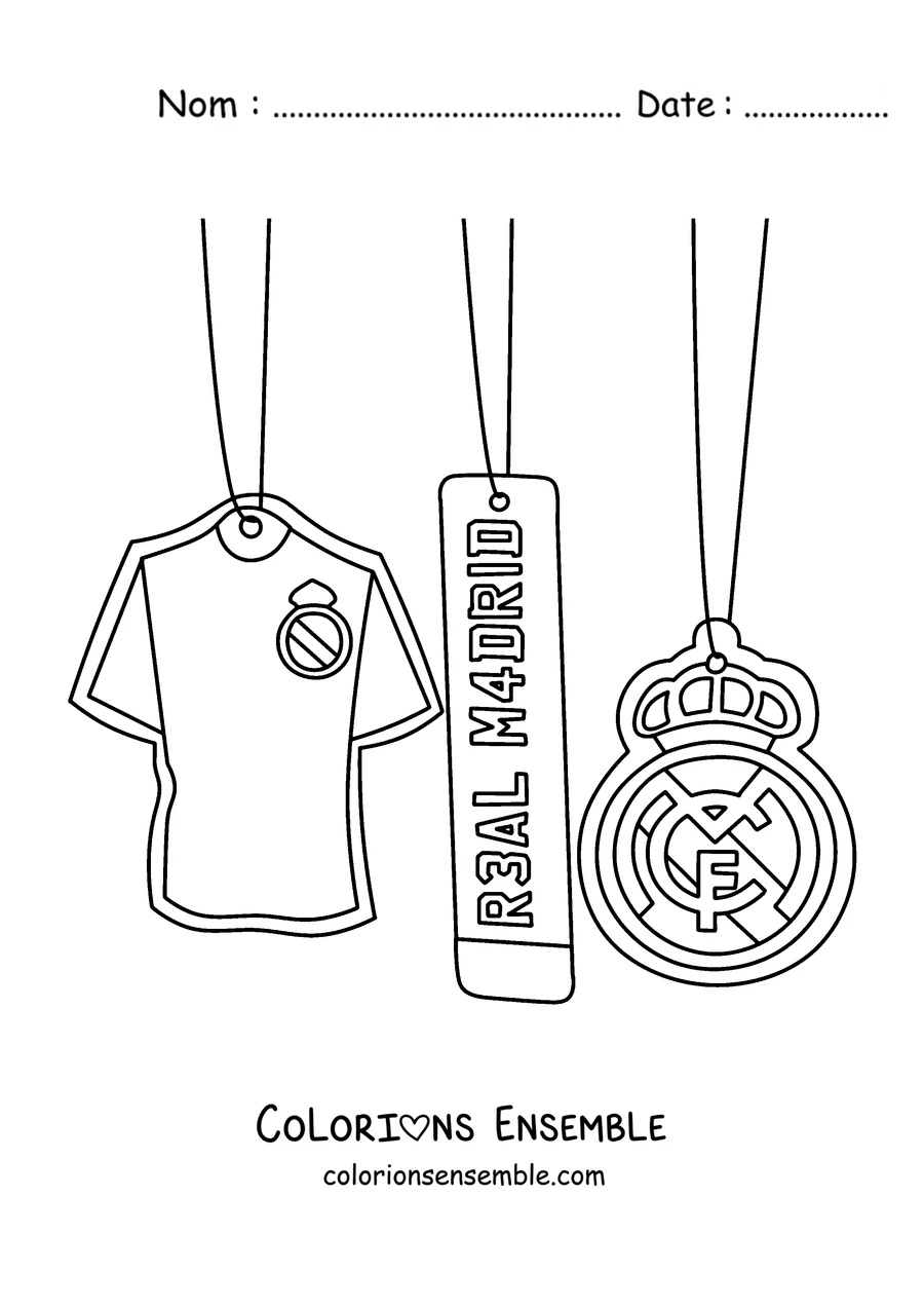 Coloriage de trois pendentifs du Real Madrid : un maillot, une étiquette et le blason