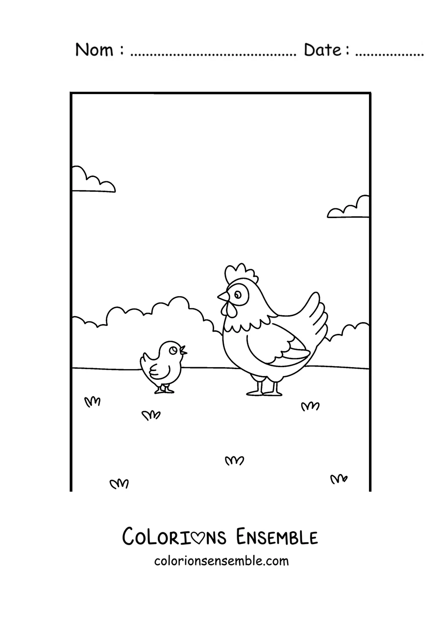 Coloriage d'une maman poule avec son poussin
