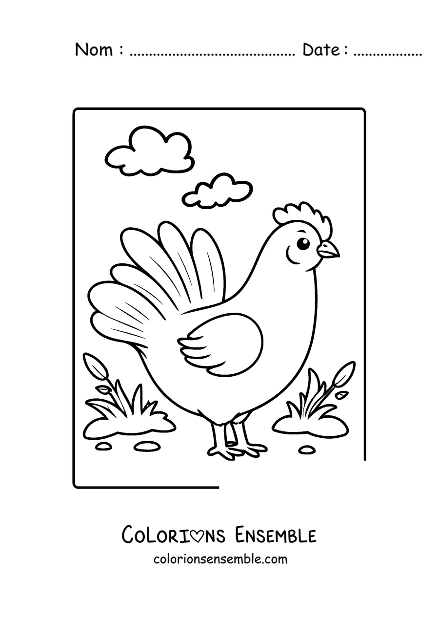 Coloriage d'une poule debout dans l'herbe