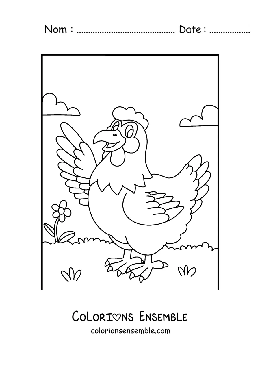 Coloriage d'une poule de dessin anime qui salue avec son aile