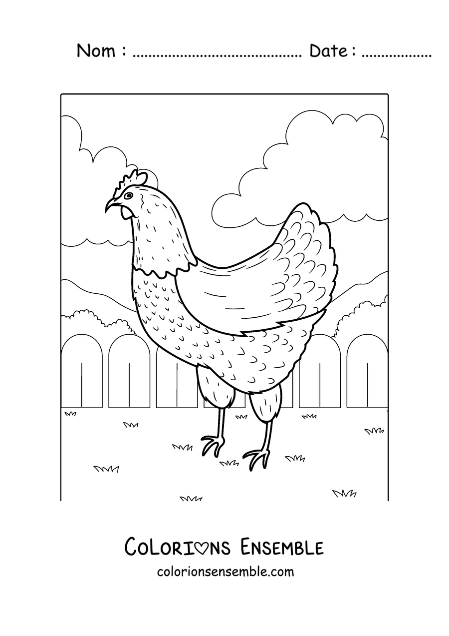 Coloriage d'une poule detaillee qui marche dans la basse-cour