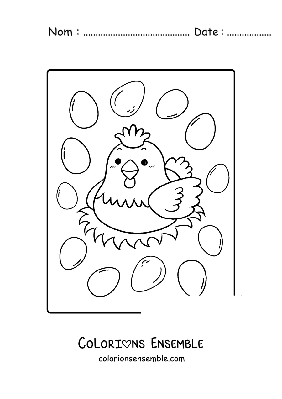 Coloriage d'une poule dans le nid entouree d oeufs