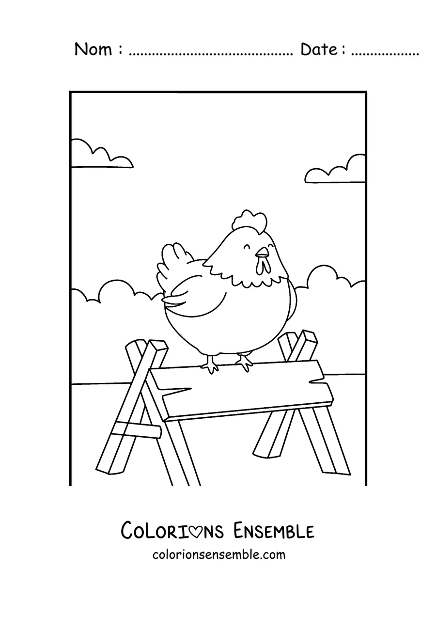 Coloriage d'une poule perchee sur une barre