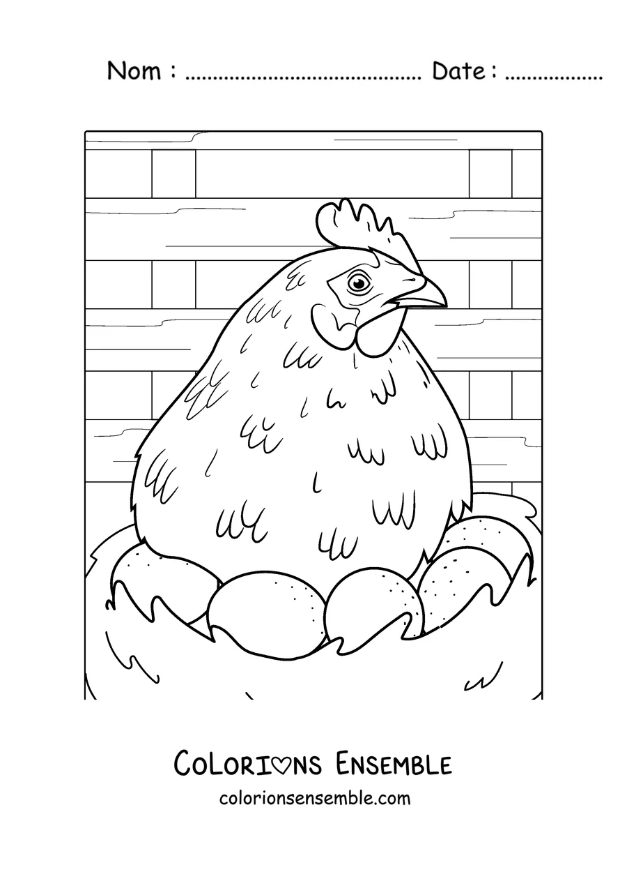 Coloriage d'une poule qui couve ses oeufs