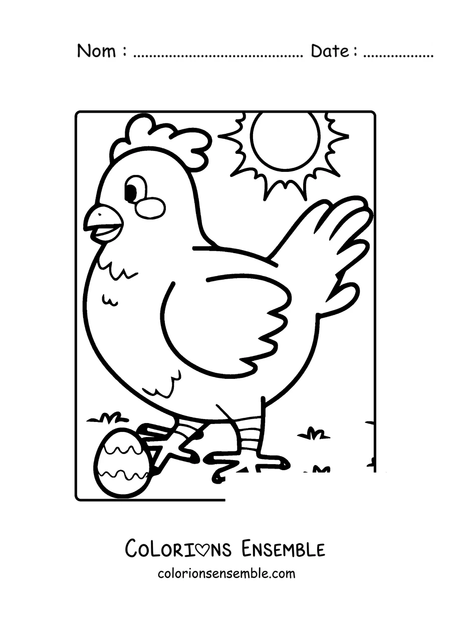 Coloriage d'une poule qui marche au soleil avec un oeuf