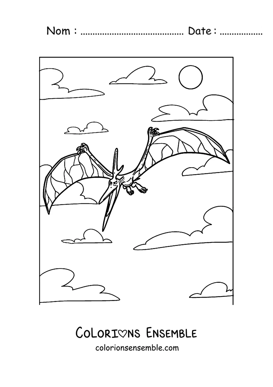 Coloriage d'un ptérodactyle volant avec les ailes grandes ouvertes