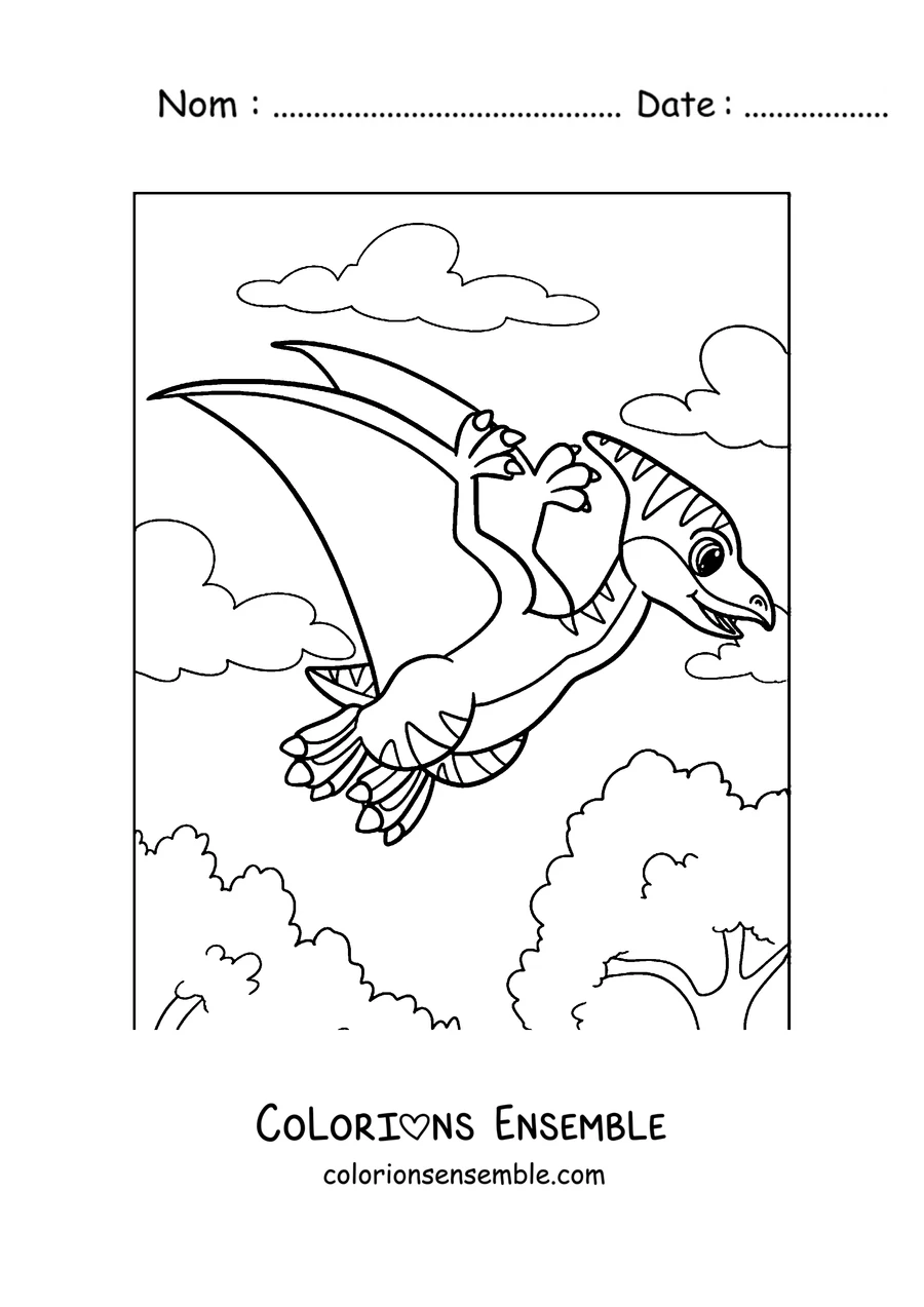 Coloriage d'un ptérodactyle kawaii volant au-dessus des collines