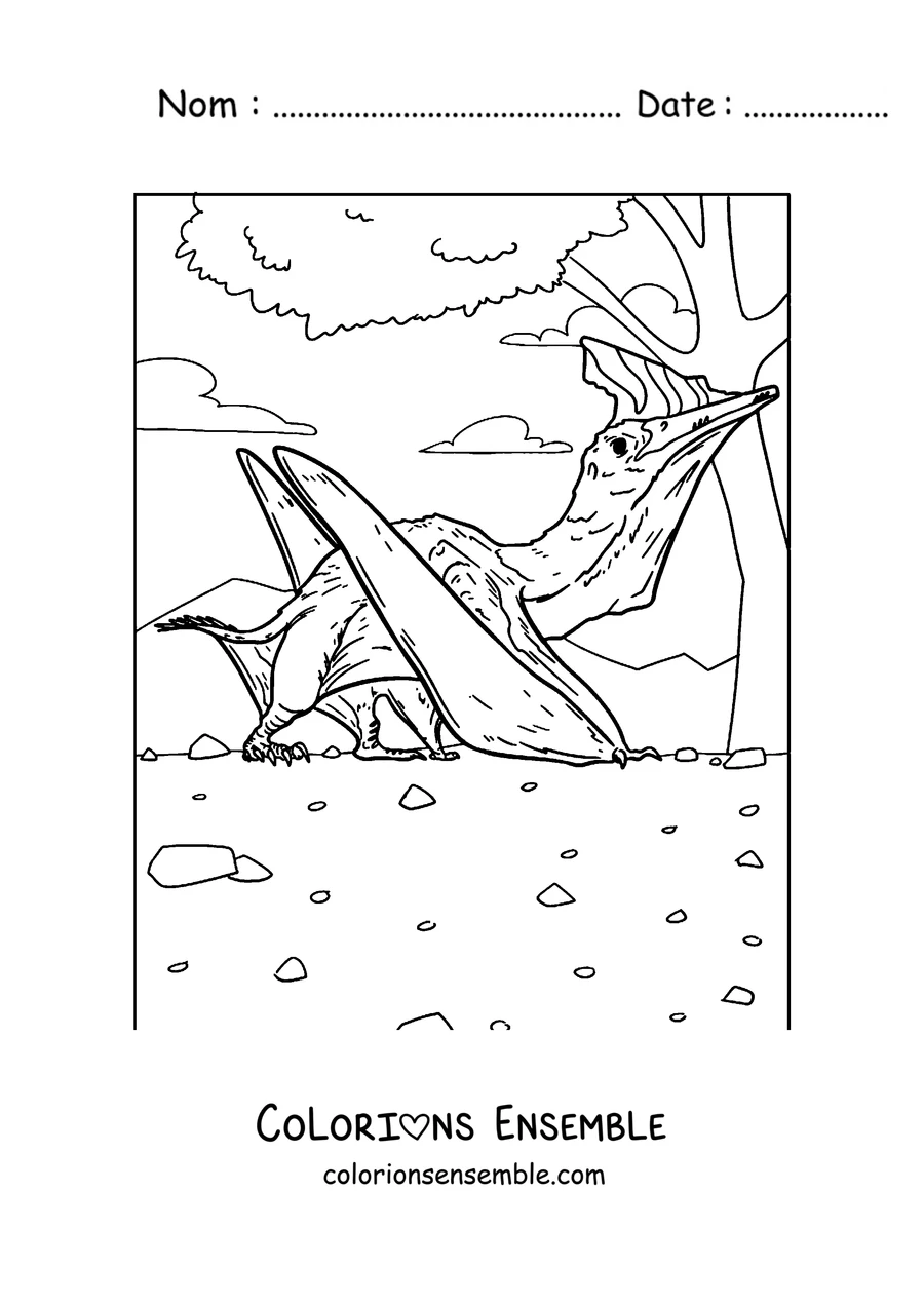 Coloriage d'un ptérodactyle au repos près d'un arbre