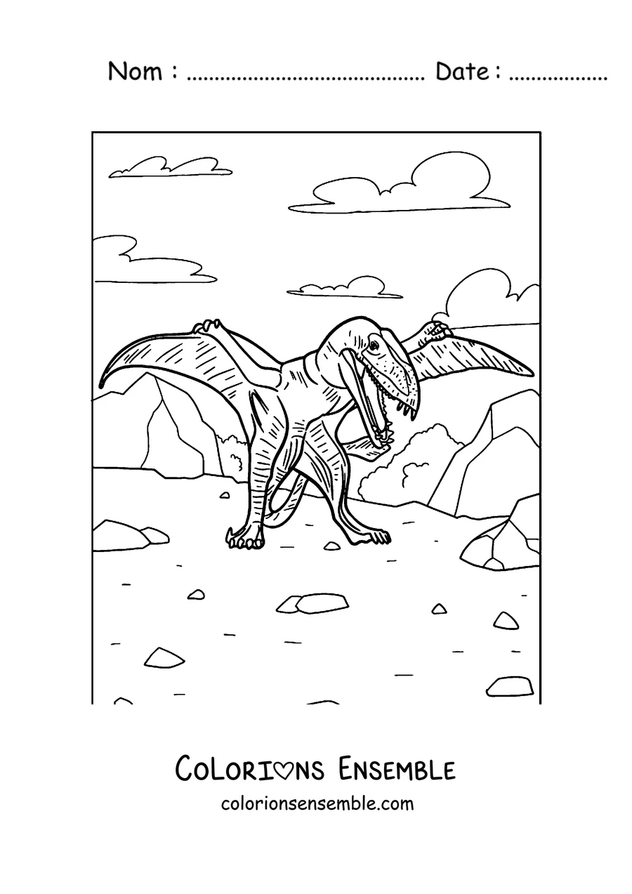 Coloriage d'un ptérodactyle debout au sol avec les ailes ouvertes