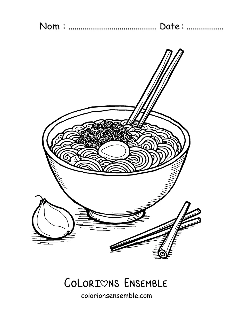 Coloriage d'un bol de ramen avec un oeuf, des nouilles et des baguettes