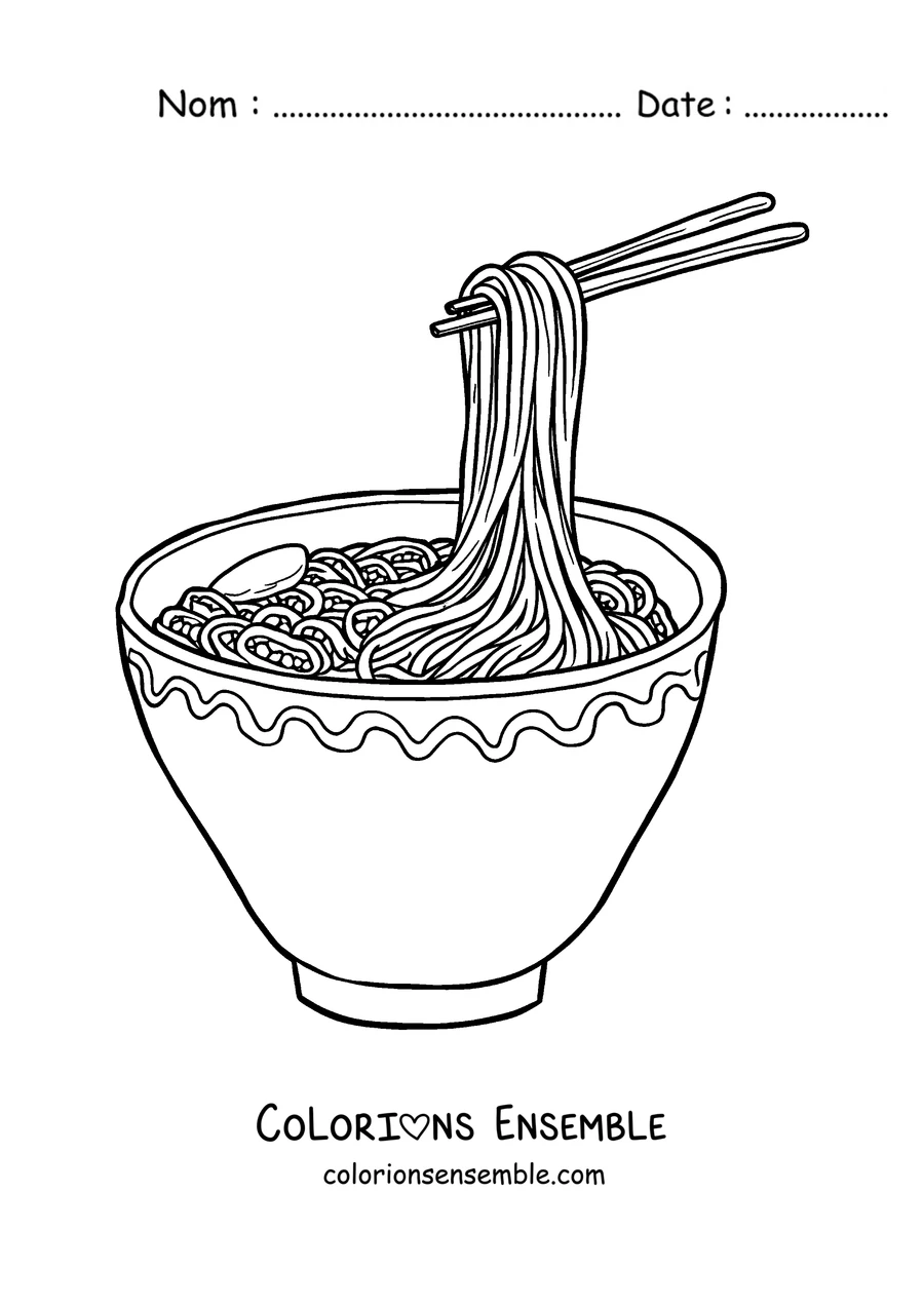 Coloriage de baguettes soulevant des nouilles d'un bol de ramen