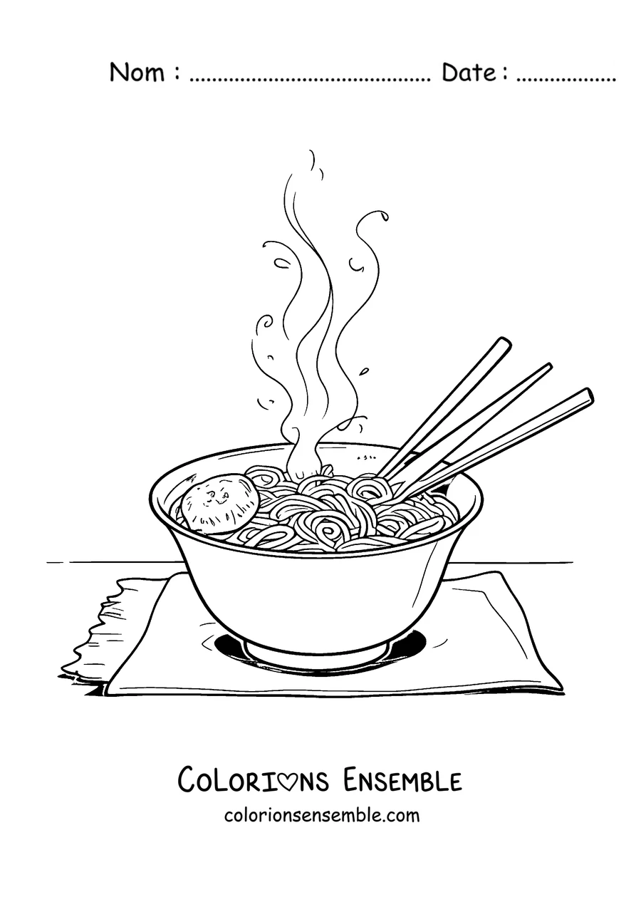 Coloriage d'un bol de ramen avec des baguettes et de la vapeur