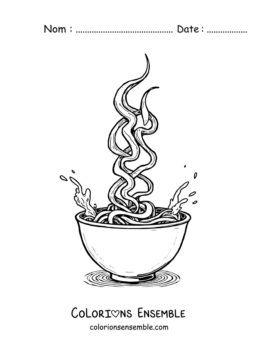 Coloriage d'un bol de ramen avec des nouilles et de la vapeur en spirale