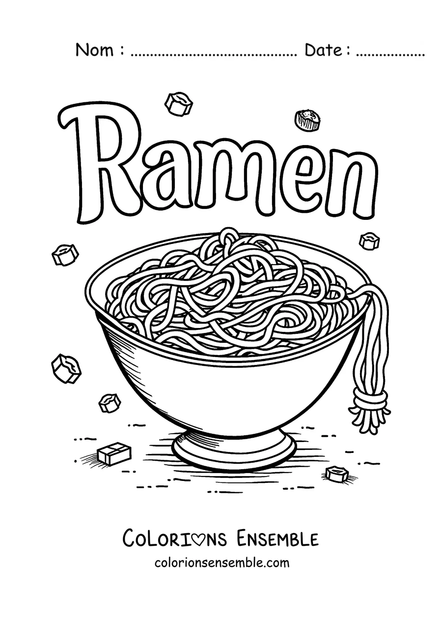 Coloriage avec le mot Ramen en grosses lettres et un bol de nouilles