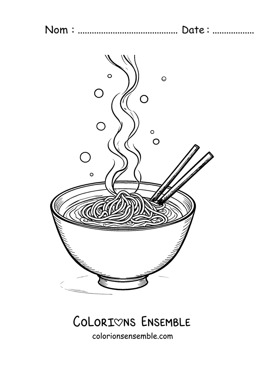 Coloriage d'un bol de ramen fumant avec des baguettes posées