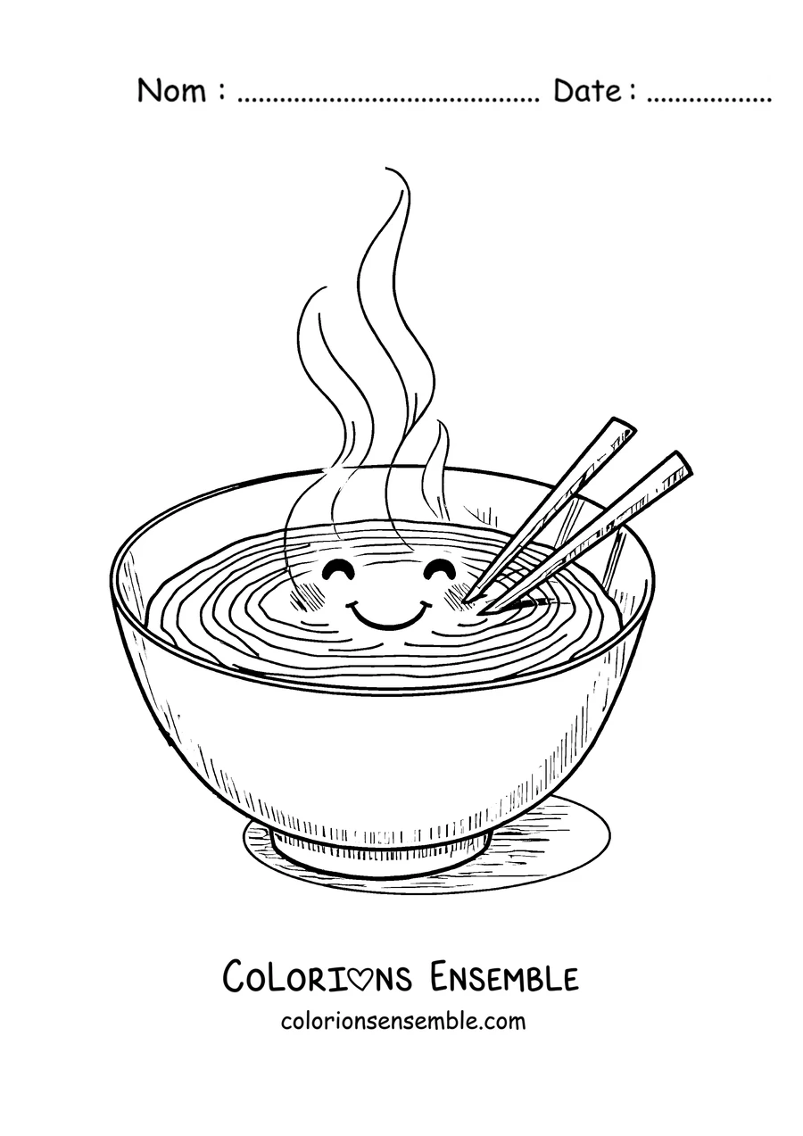 Coloriage d'un bol de ramen kawaii avec un visage souriant