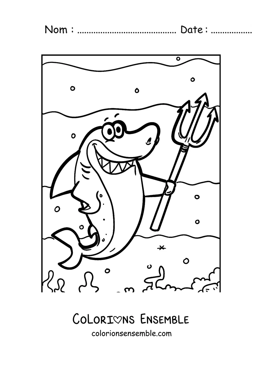 Coloriage d'un requin avec un trident, tel un roi de la mer