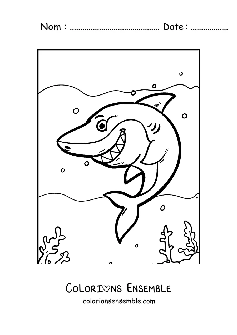 Coloriage d'un requin souriant nageant parmi les bulles