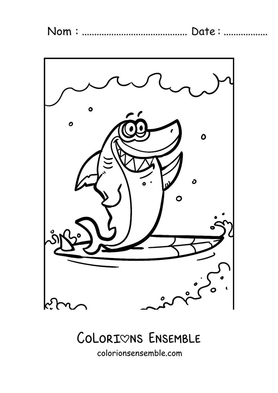 Coloriage d'un requin qui surfe sur une vague