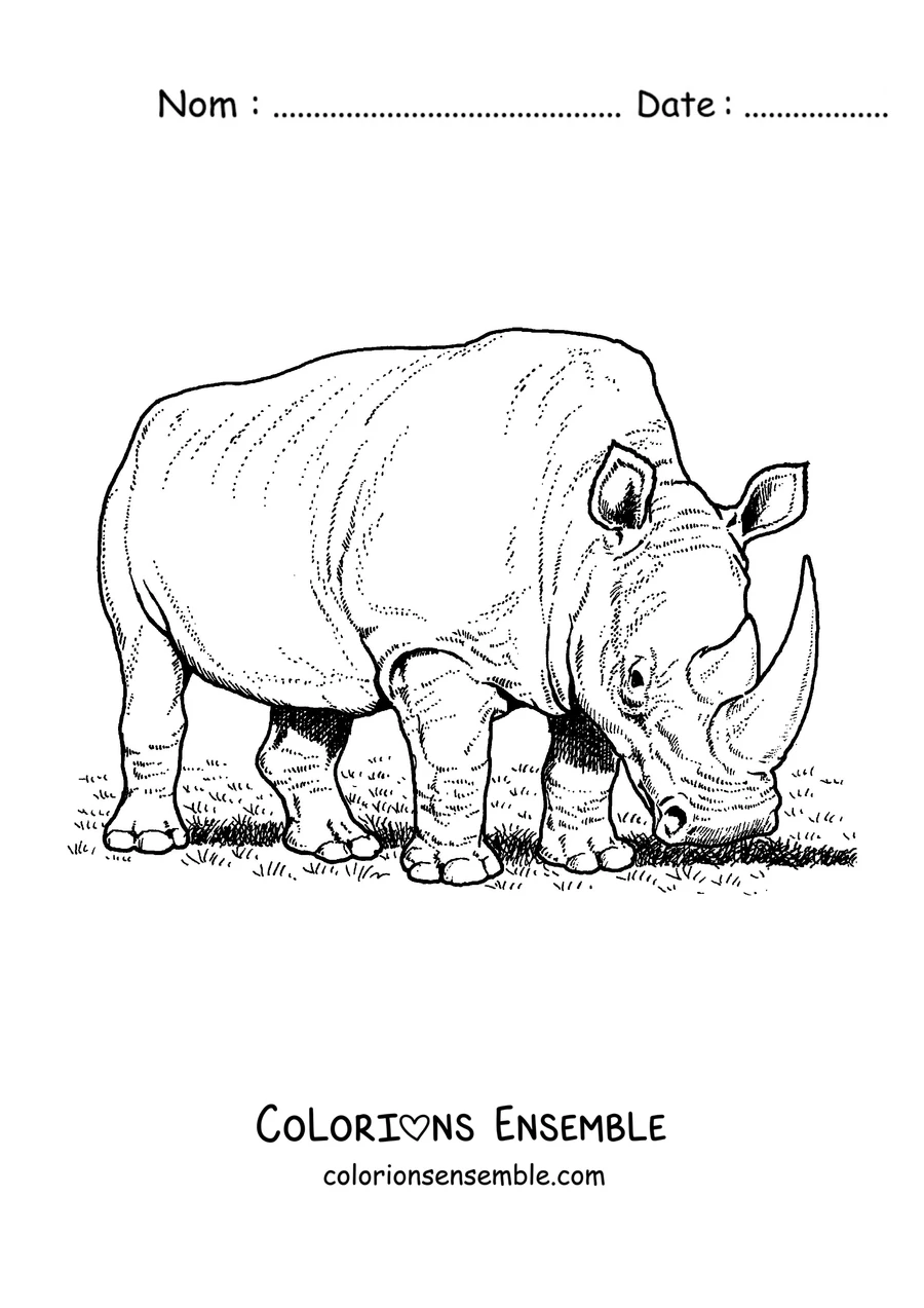 Coloriage d'un rhinocéros blanc qui broute