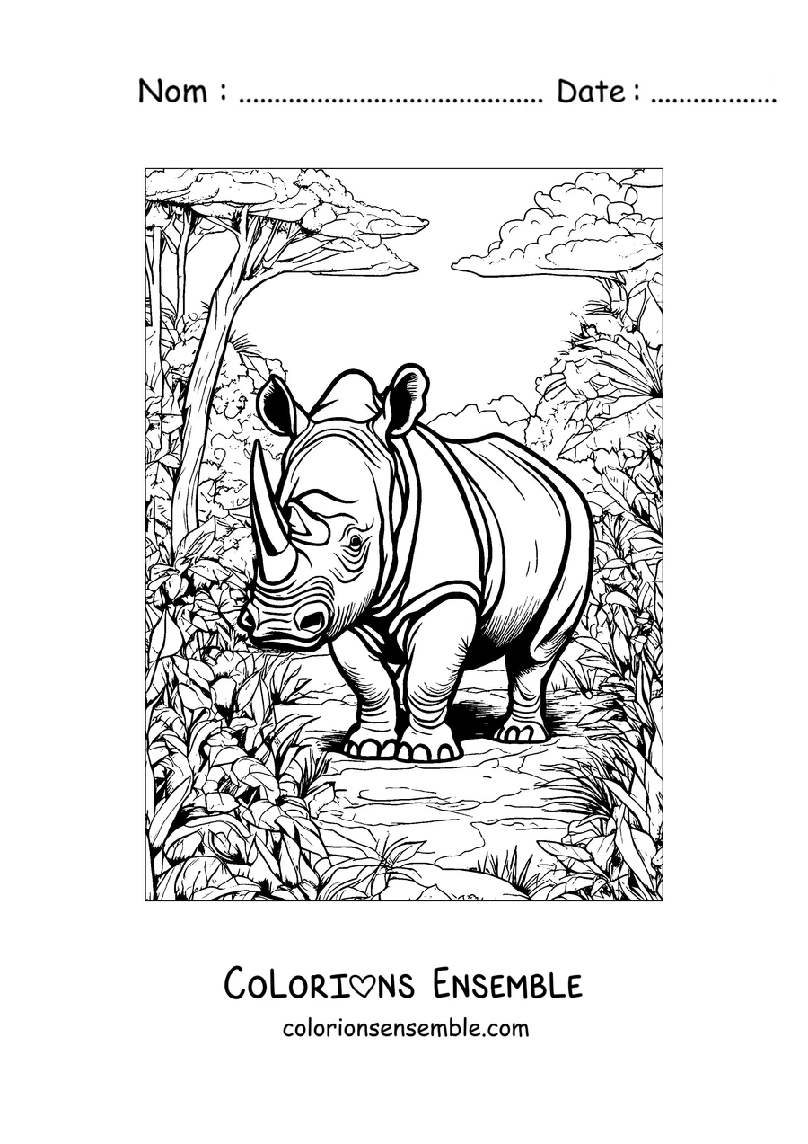 Coloriage d'un rhinocéros se promenant dans la jungle
