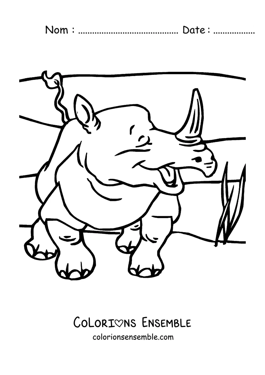 Coloriage d'un rhinocéros qui marche dans l'herbe