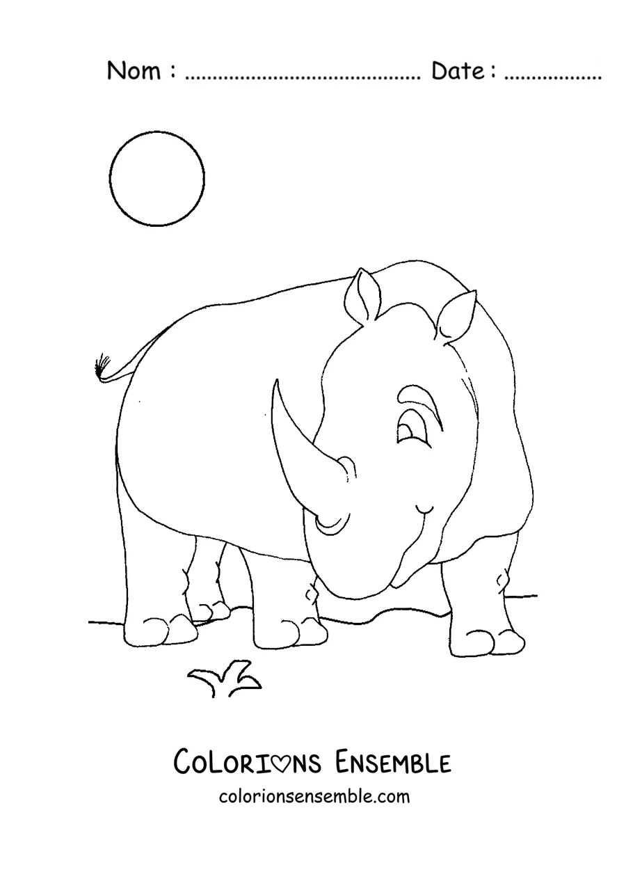 Coloriage d'un rhinocéros souriant sous le soleil
