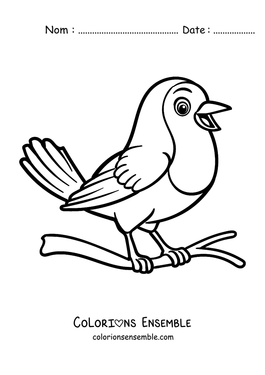 Coloriage d'un rouge-gorge qui chante le bec ouvert
