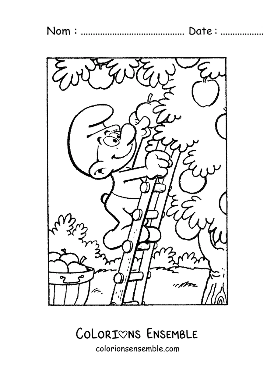 Coloriage d'un Schtroumpf qui cueille des pommes sur une échelle