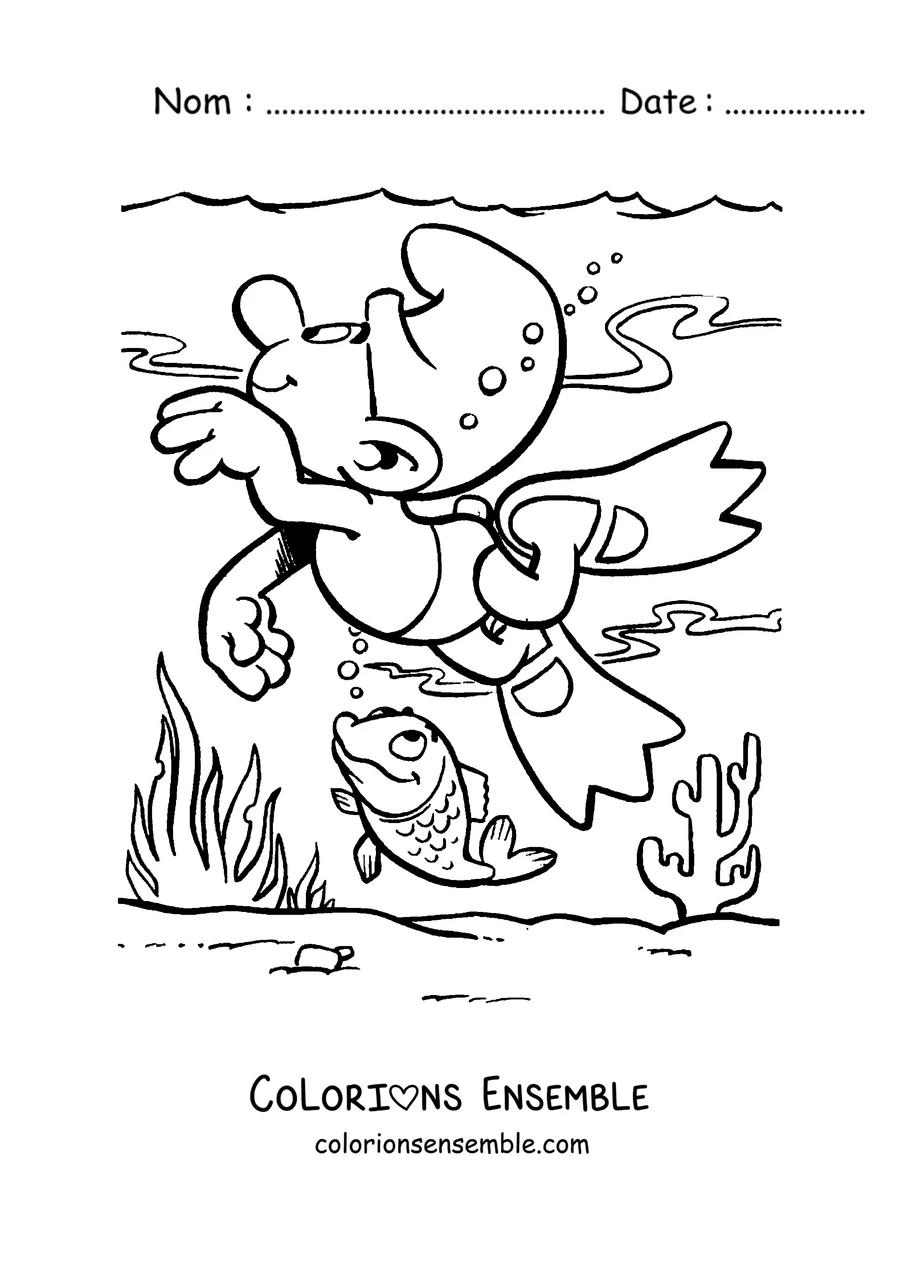 Coloriage d'un Schtroumpf qui plonge au milieu des poissons