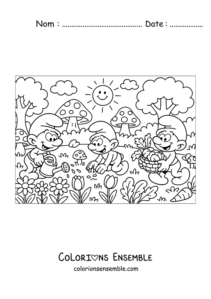 Coloriage de trois Schtroumpfs qui travaillent au potager