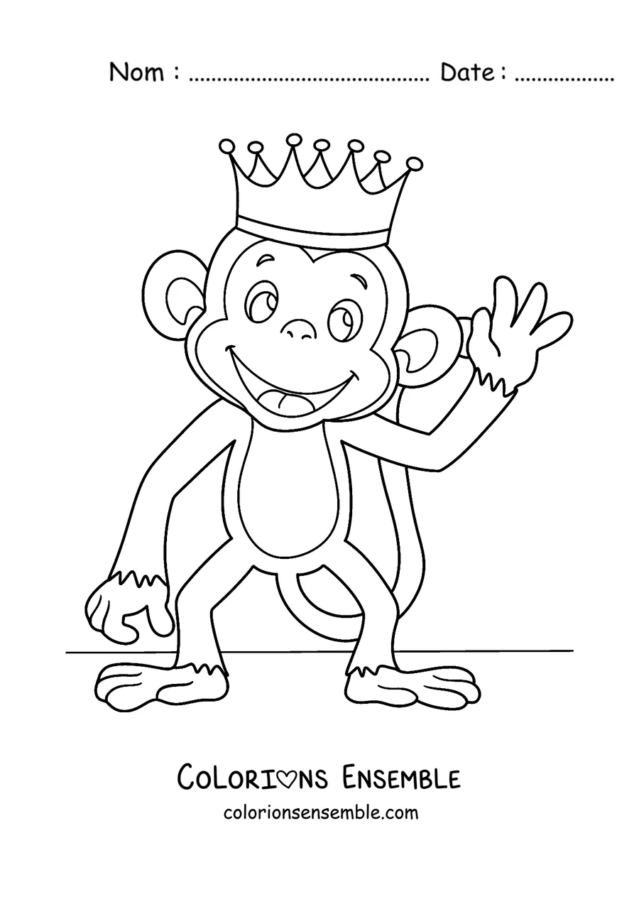 Coloriage d'un singe avec une couronne de roi qui salue
