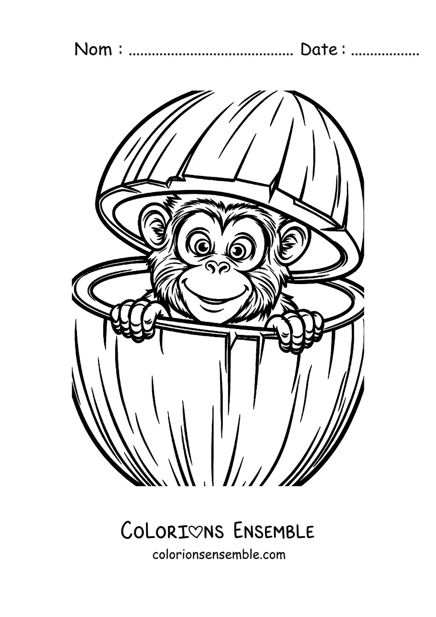 Coloriage d'un singe qui sort la tête d'une noix de coco