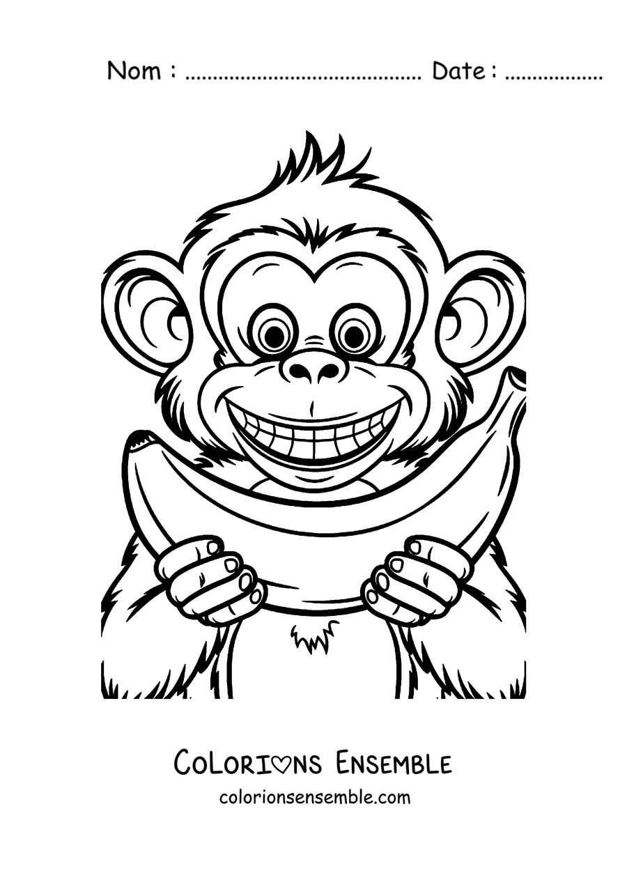 Coloriage d'un singe souriant qui mange une banane