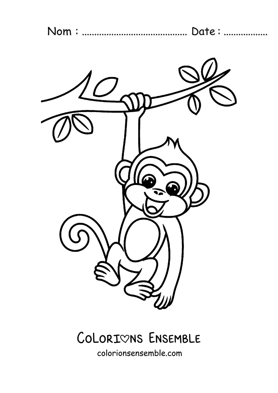Coloriage d'un singe suspendu à une branche par la queue
