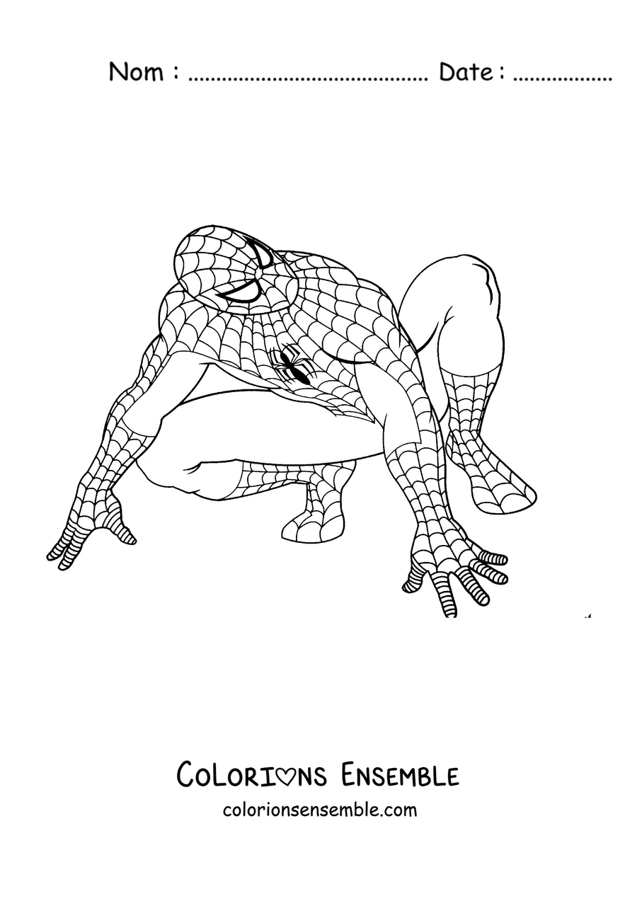 Coloriage de Spider-Man accroupi à quatre pattes prêt à sauter