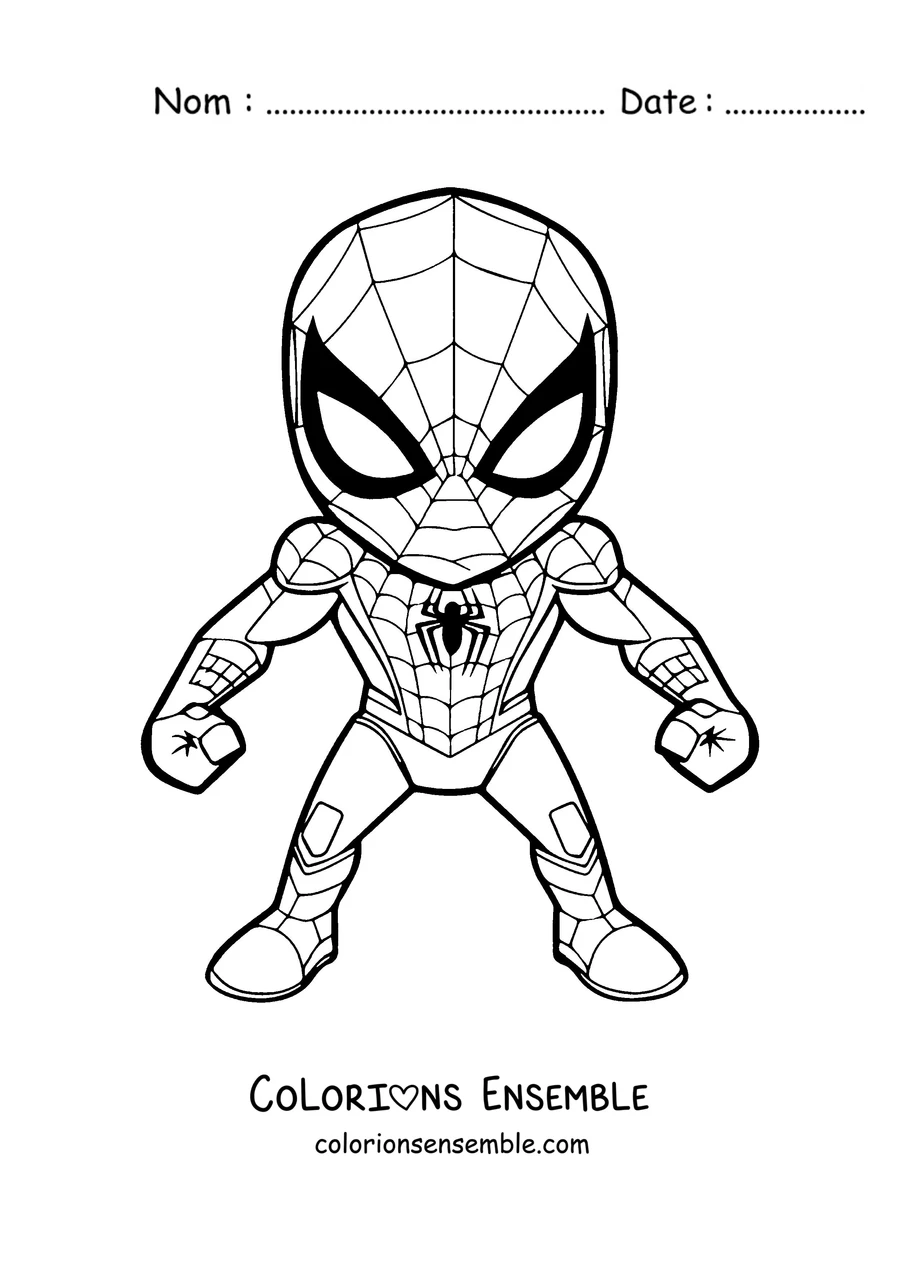 Coloriage d'un petit Spider-Man tout mignon debout avec son costume