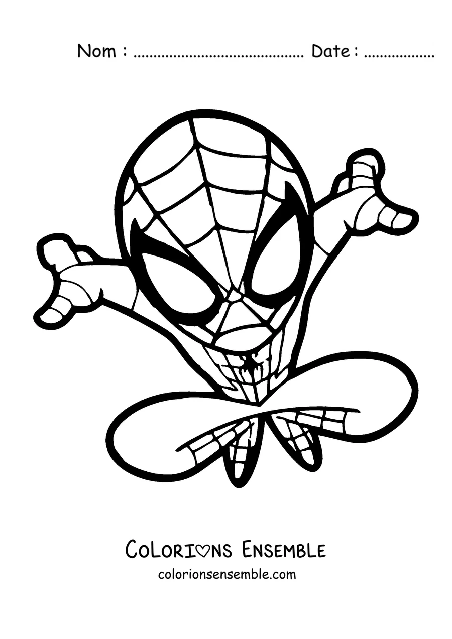 Coloriage de Spider-Man en version chibi sautant tout joyeux