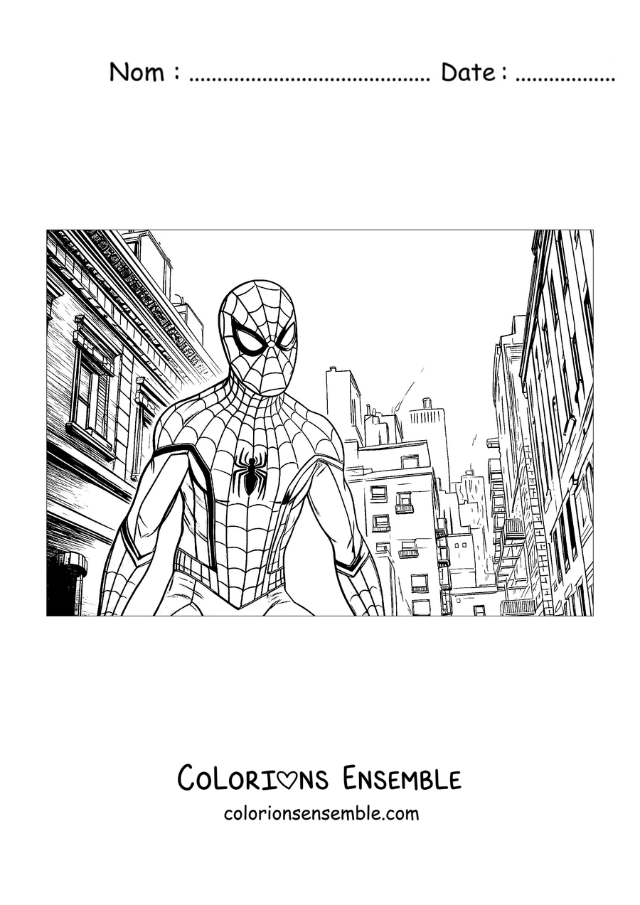 Coloriage de Spider-Man debout dans une rue entourée d'immeubles