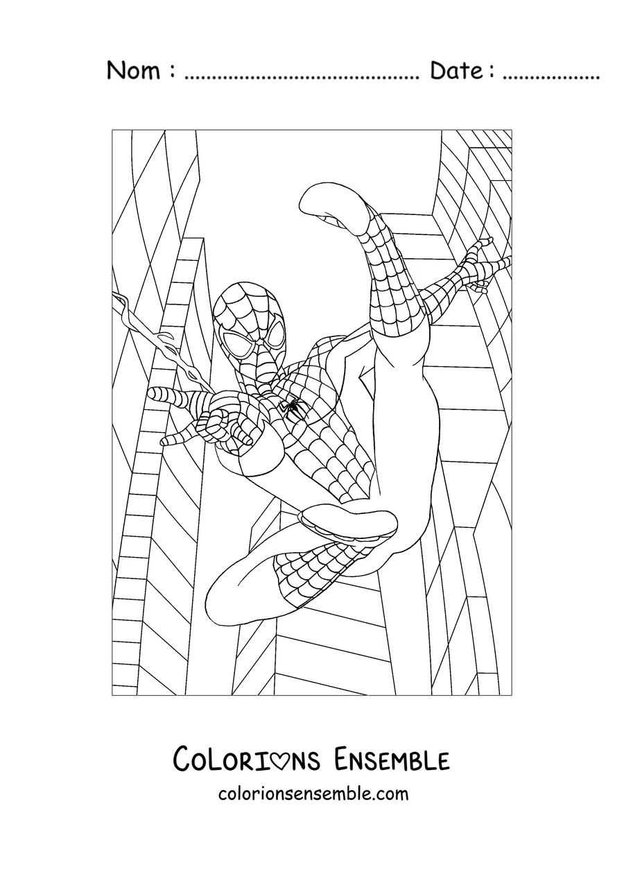 Coloriage de Spider-Man grimpant entre deux gratte-ciel très hauts
