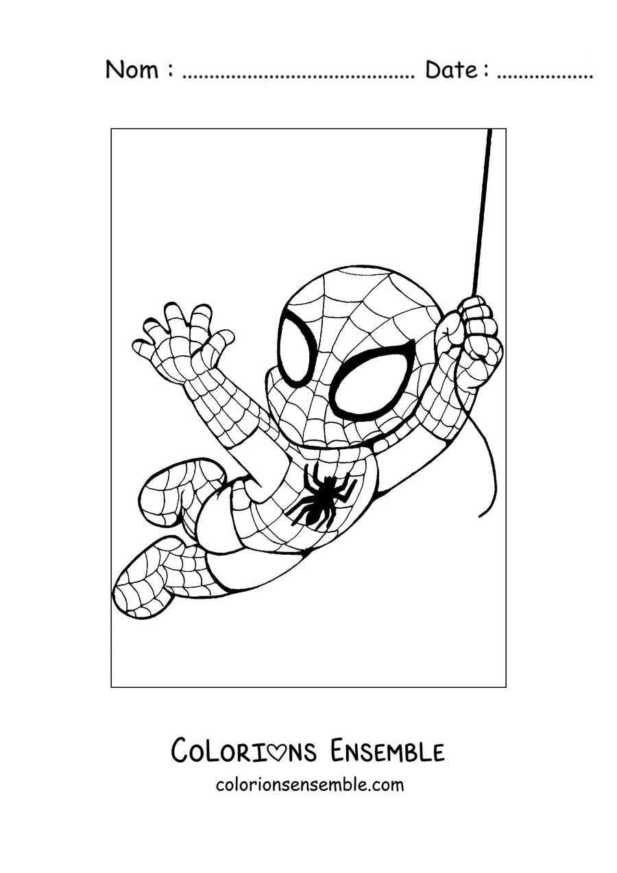 Coloriage d'un petit Spider-Man suspendu et se balançant à sa toile