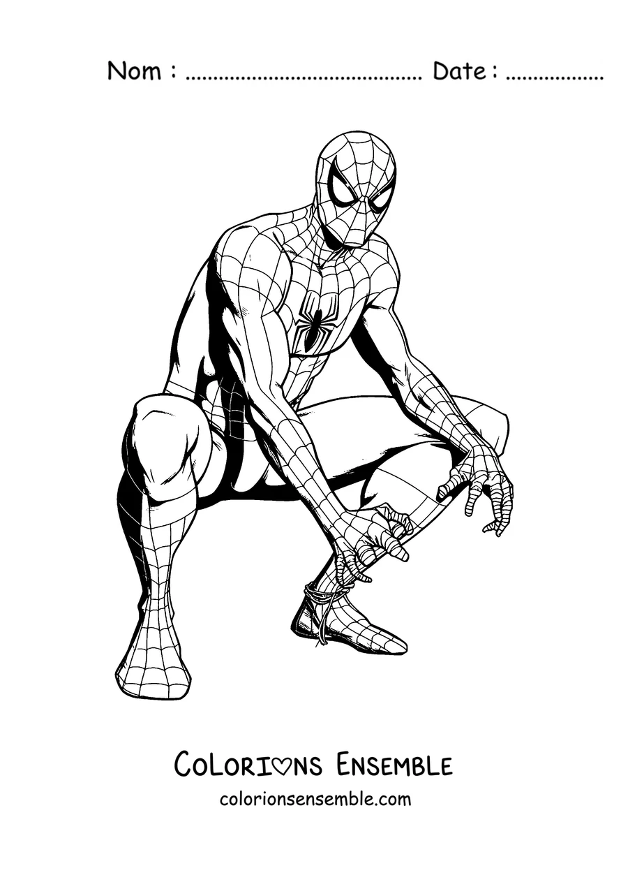 Coloriage de Spider-Man accroupi dans une pose de héros
